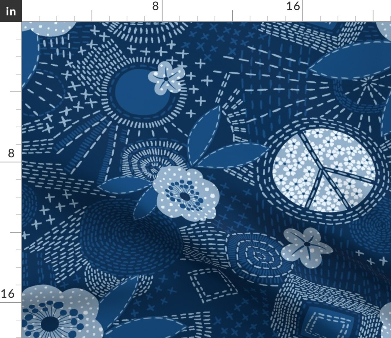 Blue Sashiko Hippie Bohemian Denim Peace Sign Japanese Inspired Custom Printed Fabric by Spoonflower Various Fabrics by the Yard or Fat Quarter